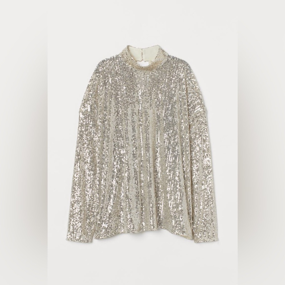 H&M | NWOT L/XL SEQUINED TOP WITH HIGH MOCK COLLAR LONG SLEEVED SHEER BLOUSE